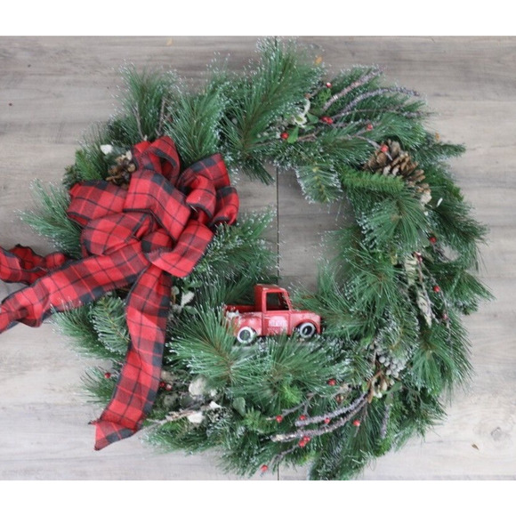 Christmas Garland Red Truck Plaid Bow Front Door Artificial Pine Wreath 24"